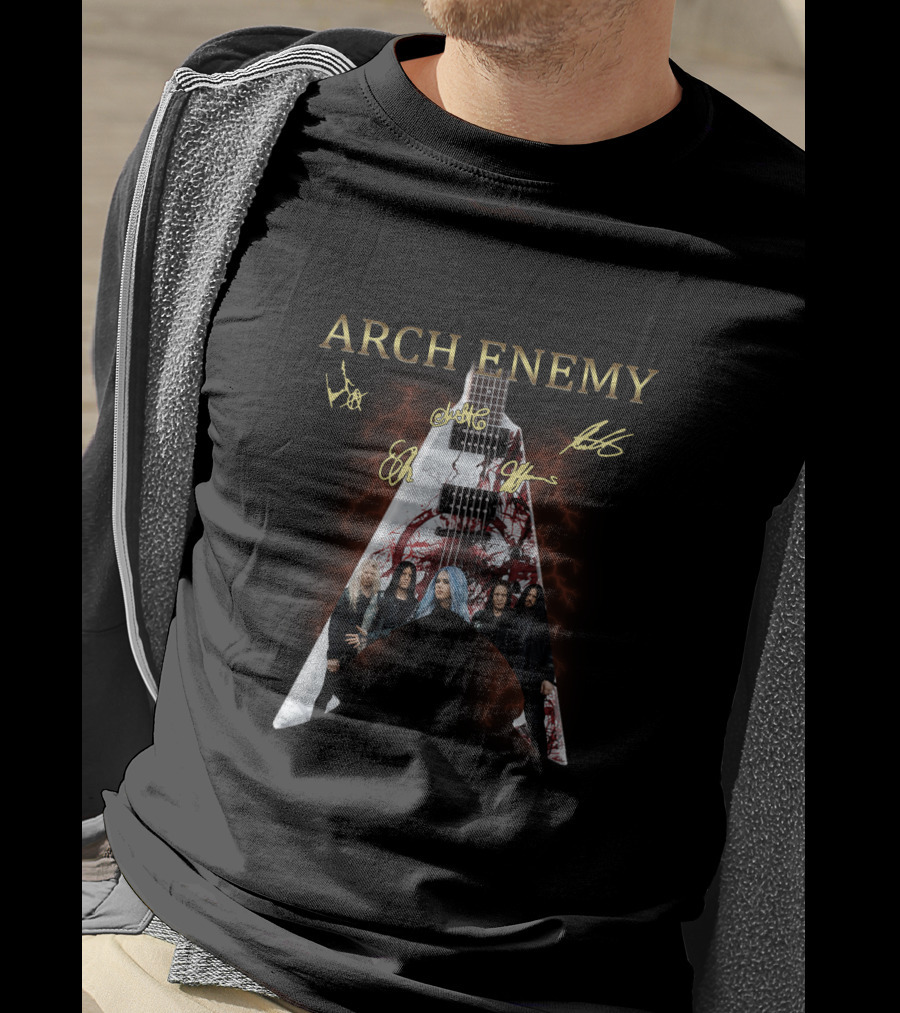 Arch Enemy Signature Guitar Band Signatures And Group Photo T-Shirt
