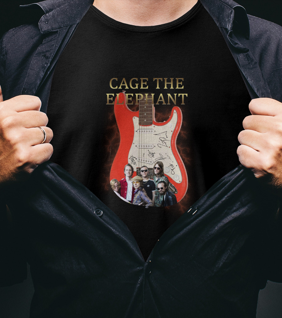 Cage The Elephant Red Electric Guitar Signatures And Band Montage T-Shirt