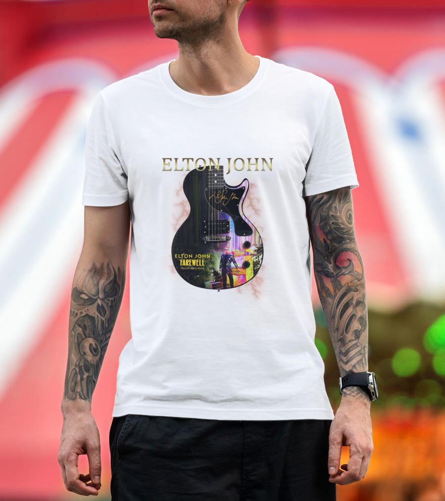 ELTON JOHN Signature Guitar Farewell Yellow Brick Road T-Shirt