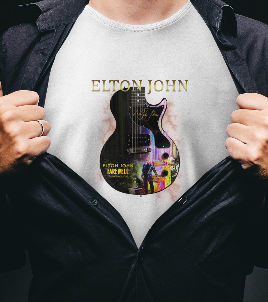 ELTON JOHN Signature Guitar Farewell Yellow Brick Road T-Shirt