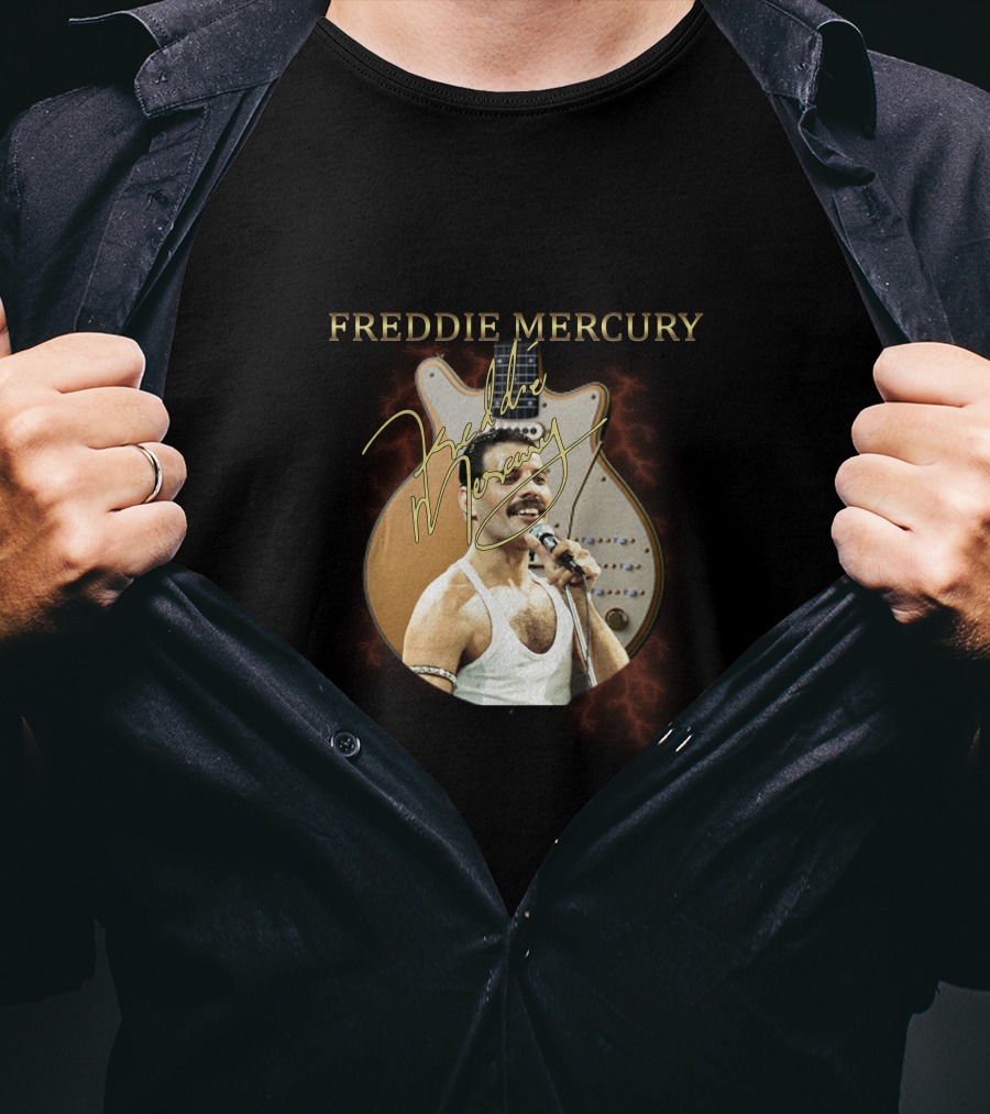 FREDDIE MERCURY Signature With Guitar And Microphone T-Shirt