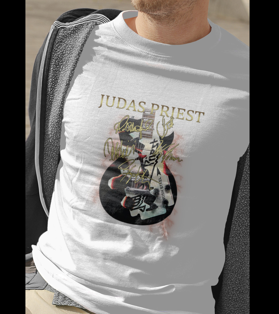 Judas Priest High Steel Guitar Signed By Band Members T-Shirt