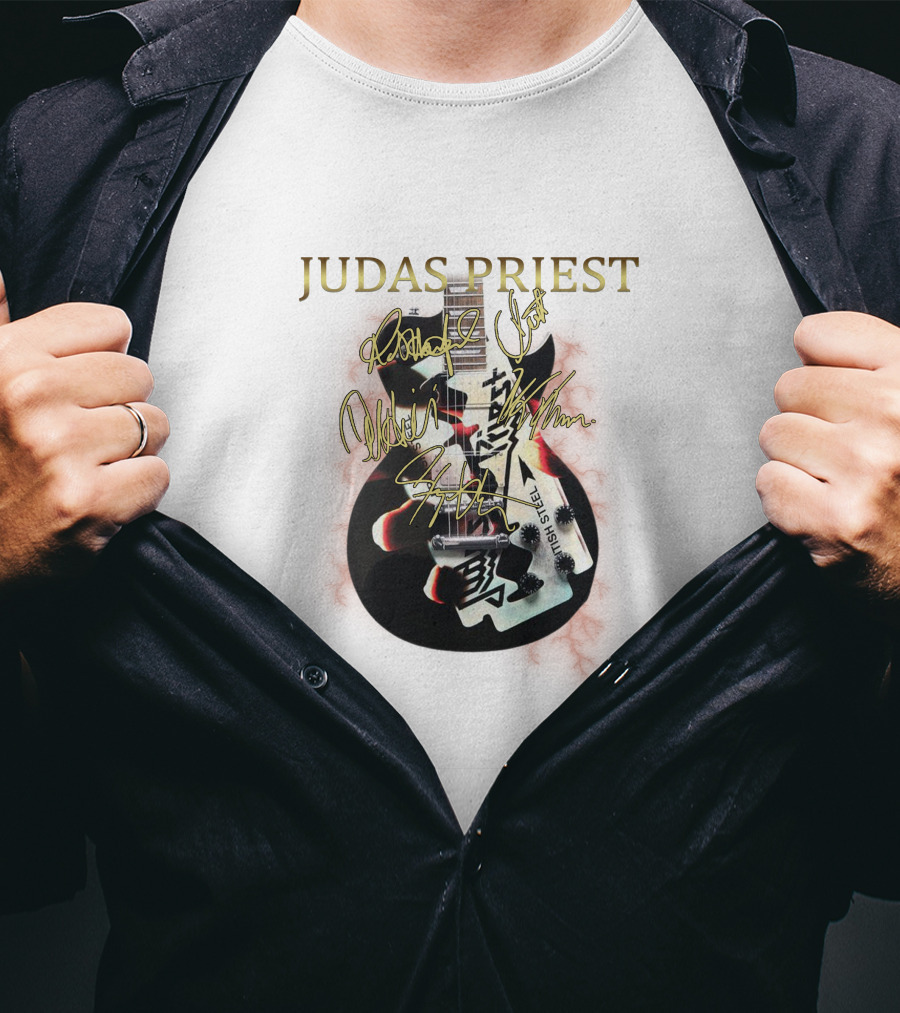 Judas Priest High Steel Guitar Signed By Band Members T-Shirt