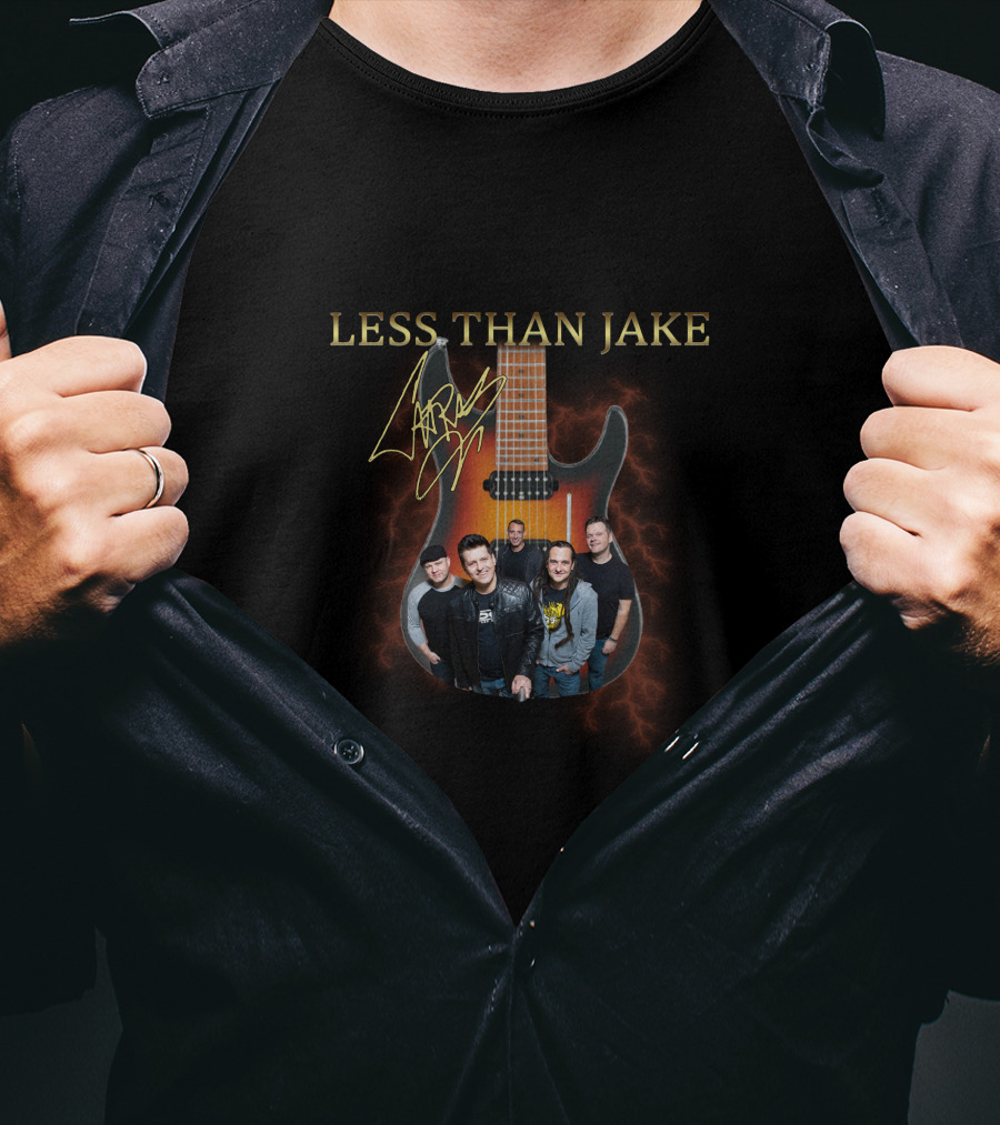 Less Than Jake Signed Guitar And Band Image With Electric Lightning Background T-Shirt