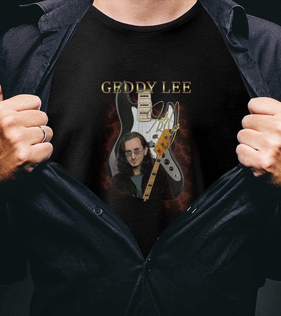 GEDDY LEE Signature Guitar Image With Electric Bass Lightning Effect T-Shirt