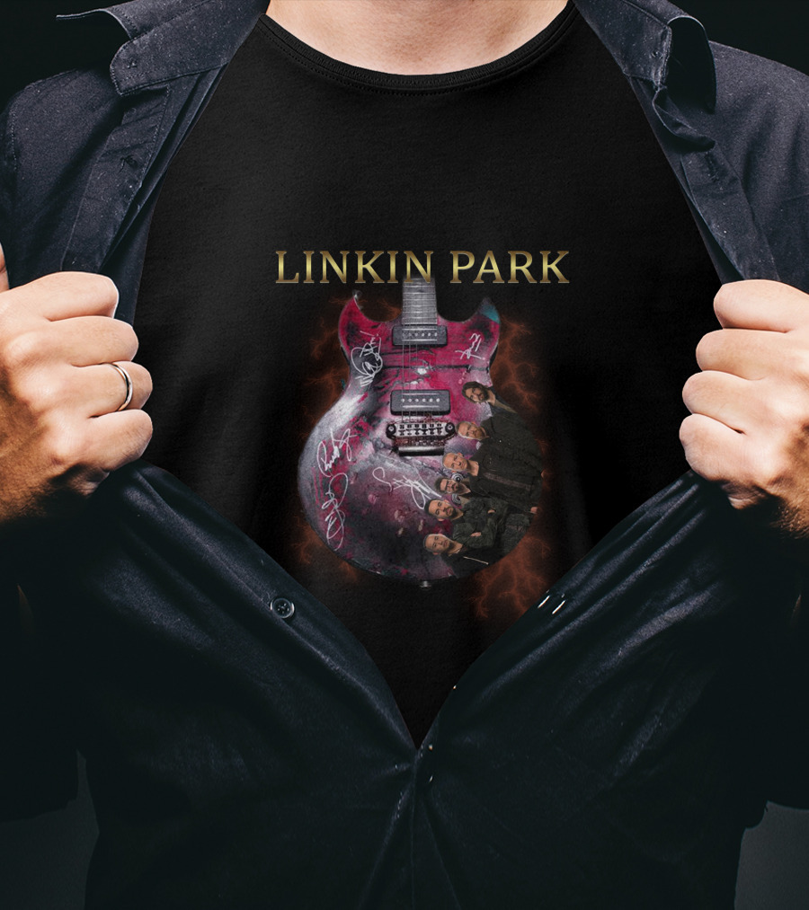 Linkin Park Signed Guitar With Band Members T-Shirt