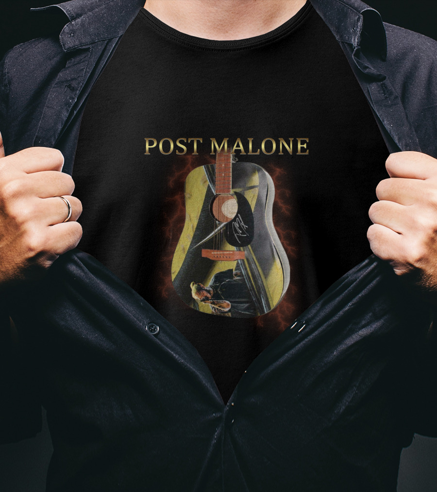 Post Malone Signature Guitar With Yellow And Black Lightning Visuals T-Shirt