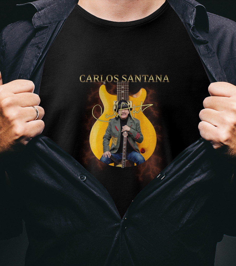 Carlos Santana Signature With Yellow Electric Guitar And Lightning Background T-Shirt