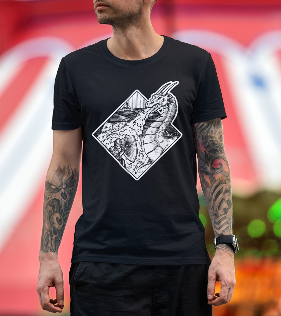 Dragon Breathing Fire at Shielded Knight in Medieval Castle Battle Scene T-Shirt