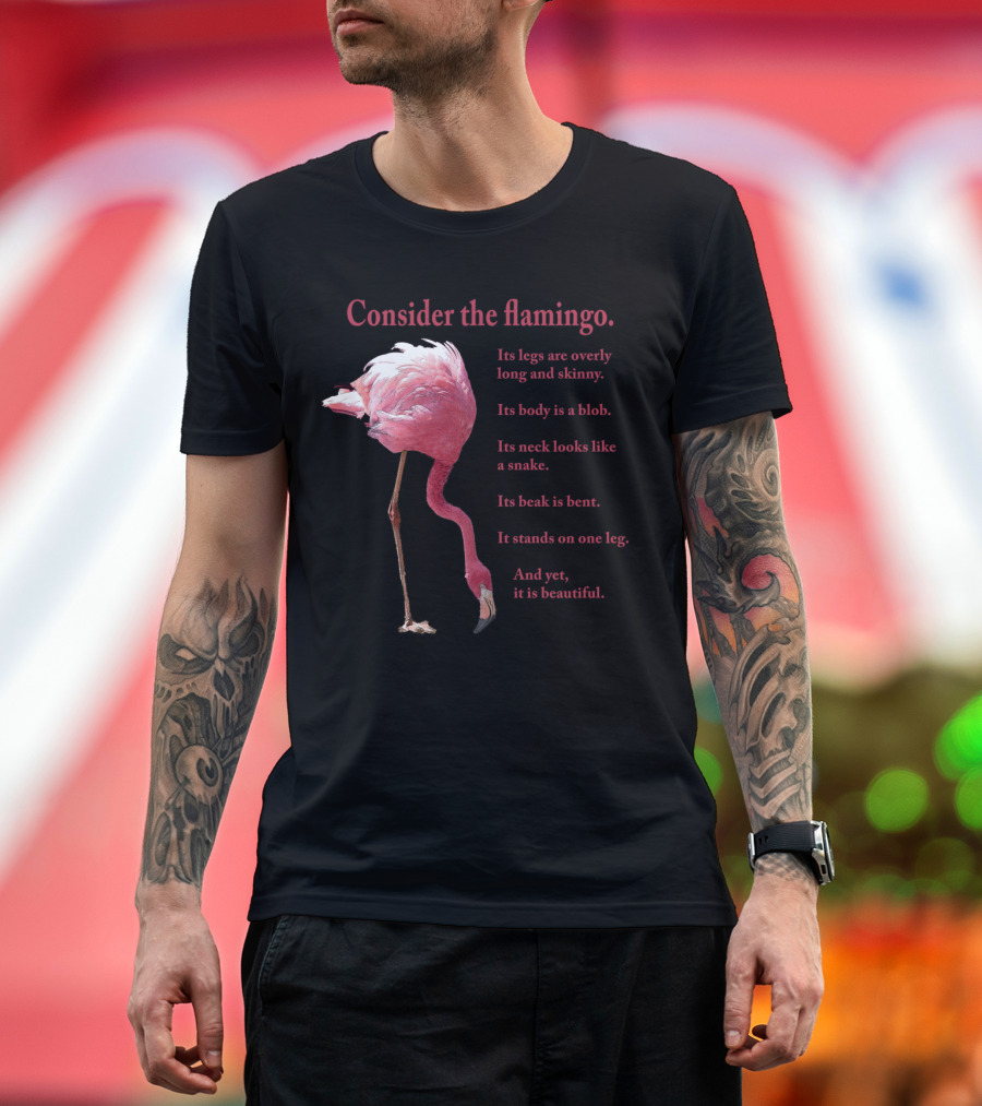 Consider the Flamingo Legs Overly Long Skinny Body a Blob Neck Snake Beak Bent Stands One Leg Beautiful T-Shirt