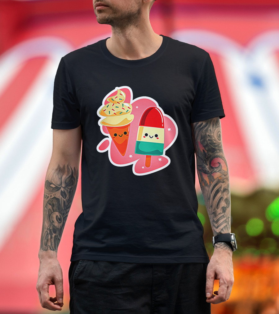 Happy Ice Cream and Popsicle with Sprinkles Faces in Playful Cartoon T-Shirt