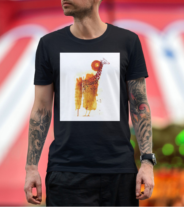 Premium T-Shirt: Giraffe Watercolor Art with Vibrant Orange Sun Behind T-Shirt Giraffe Watercolor Art with Vibrant Orange Sun Behind T-Shirt