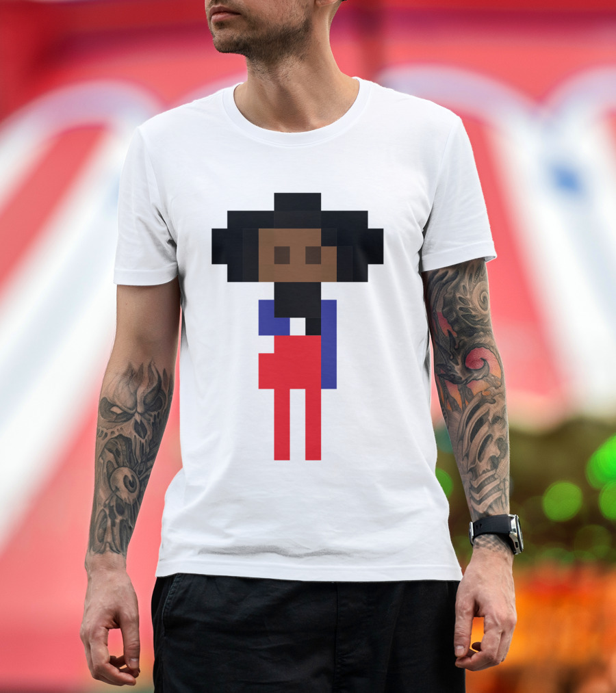 Pixel Art Style Black Girl Nerd Icon Figure in Red and Blue T-Shirt