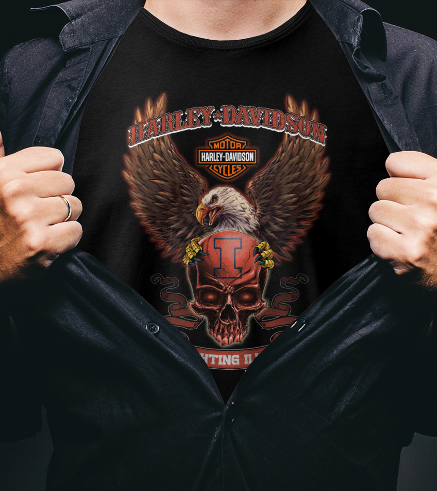 Harley Davidson Motor Cycles Eagle Skull Fighting Illini T-Shirt