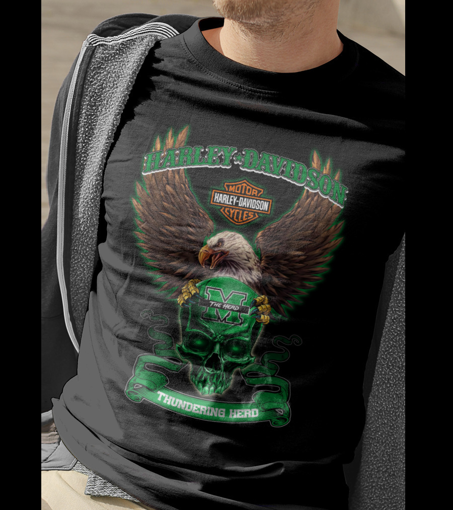 Harley Davidson Motorcycles Marshall Thundering Herd The Herd Eagle Skull T-Shirt