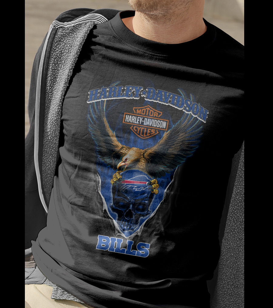 Harley Davidson Motor Cycles Buffalo Bills Eagle Skull T-Shirt