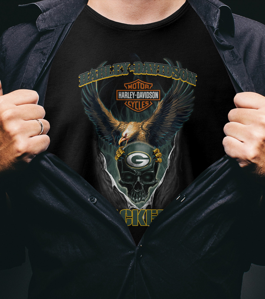 Harley Davidson Motor Cycles Packers Eagle Skulls Green Bay T-Shirt