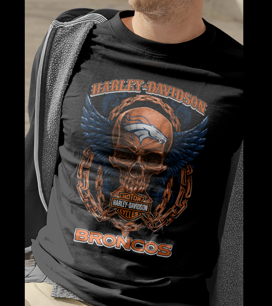 Harley Davidson Denver Broncos Skull Wings Chain T-Shirt