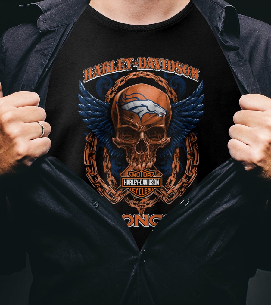 Harley Davidson Denver Broncos Skull Wings Chain T-Shirt