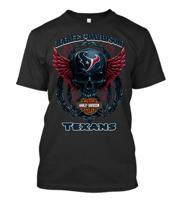 Harley Davidson Motor Cycles Texans Houston Logo Skull With Red Wings T-Shirt