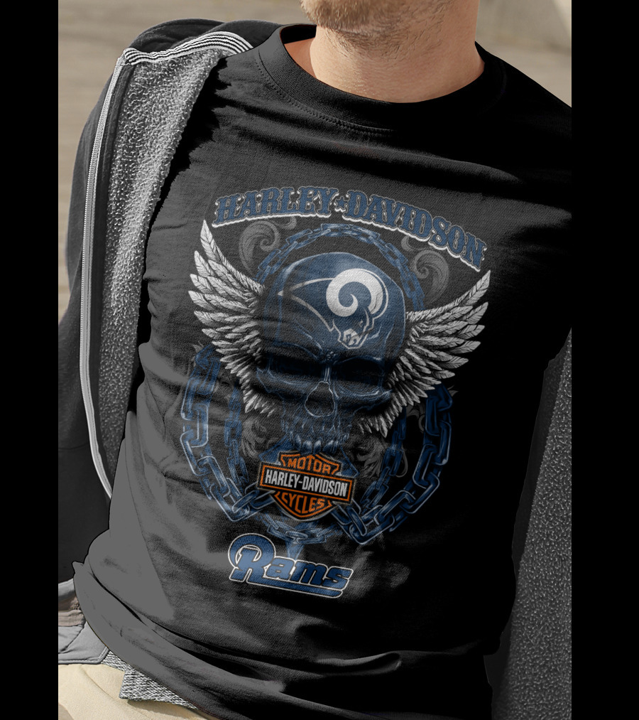 Harley Davidson Los Angeles Rams Skull Wings Motorcycles T-Shirt