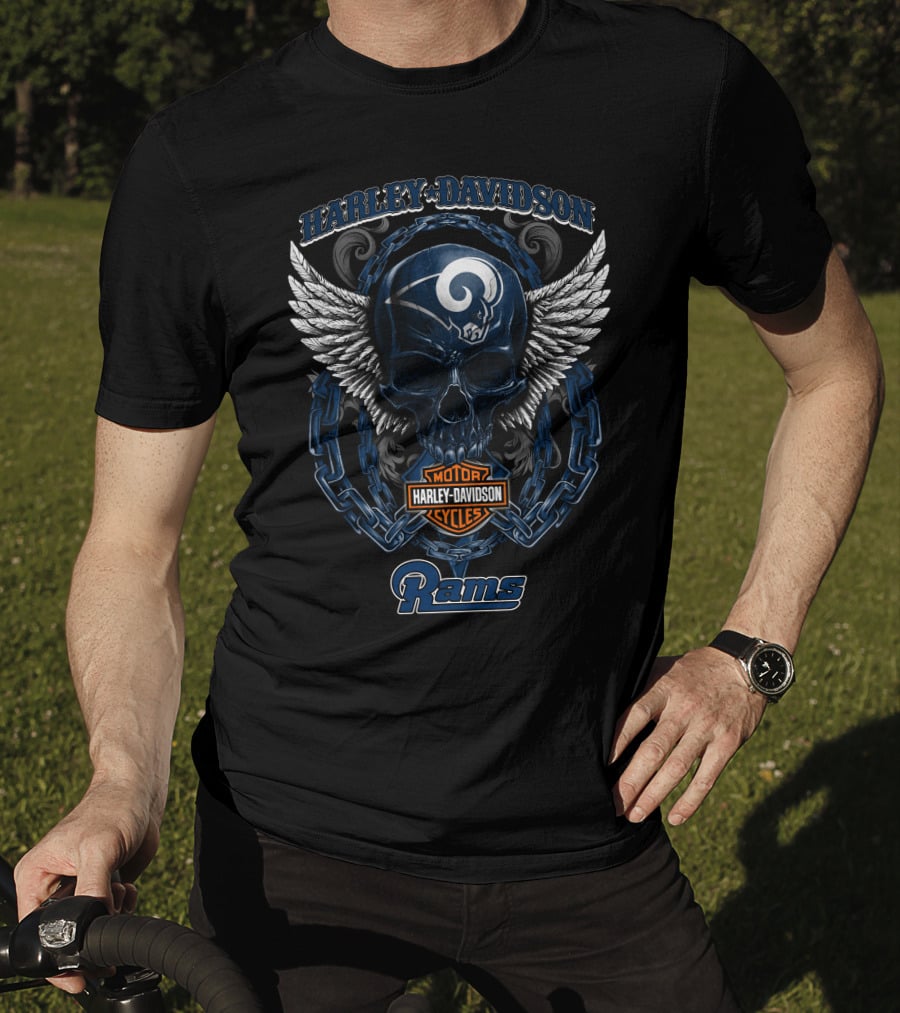 Harley Davidson Los Angeles Rams Skull Wings Motorcycles T-Shirt