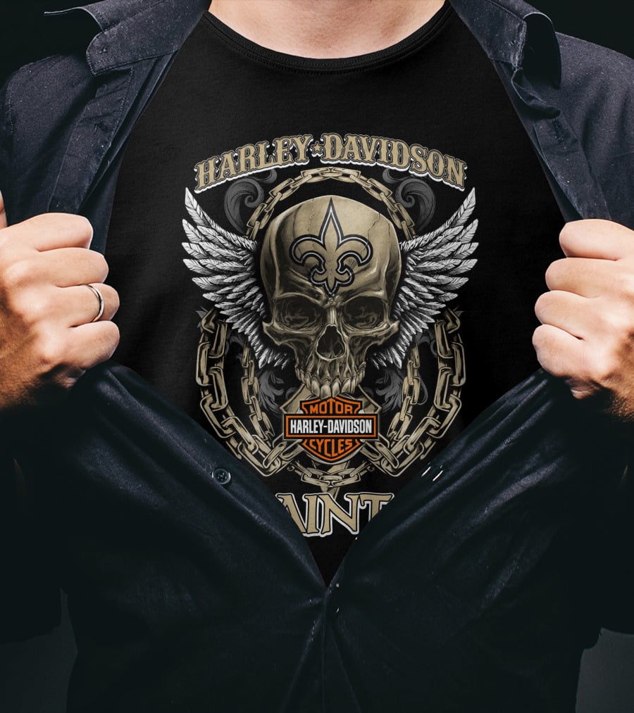 Harley Davidson New Orleans Saints Skull Wings Motor Cycles T-Shirt