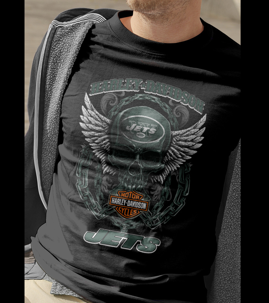 Harley Davidson New York Jets Winged Skull Motorcycle Cycles T-Shirt