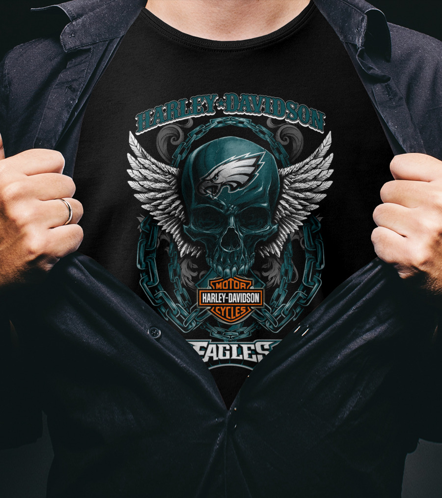 Harley Davidson Philadelphia Eagles Motorcycles Winged Skull T-Shirt