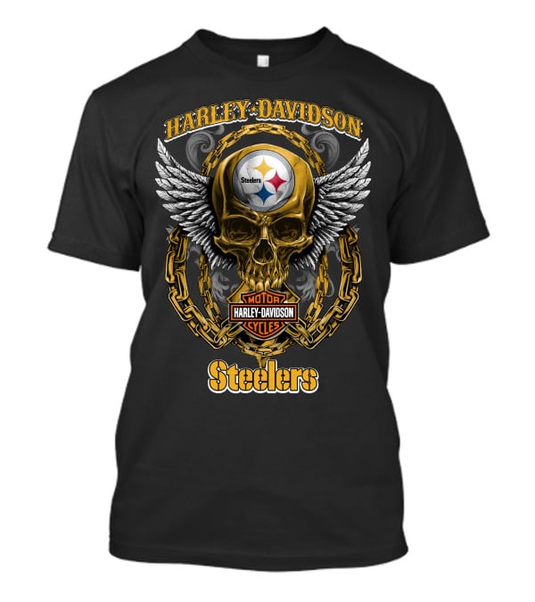 Harley Davidson Motor Cycles Steelers Skull Winged Chain T-Shirt