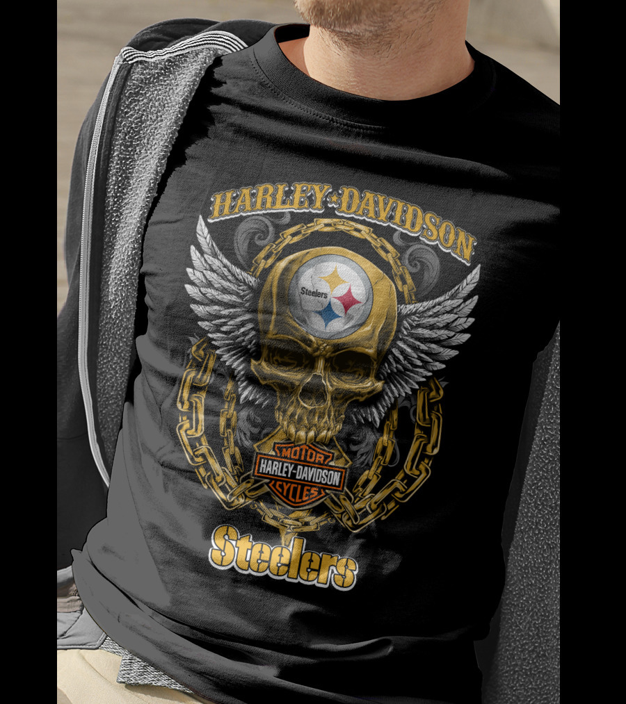 Harley Davidson Motor Cycles Steelers Skull Winged Chain T-Shirt