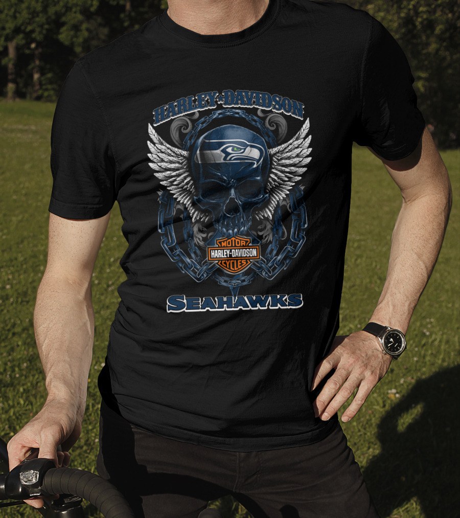 Harley Davidson Motorcycles Seattle Seahawks Skull Wings T-Shirt
