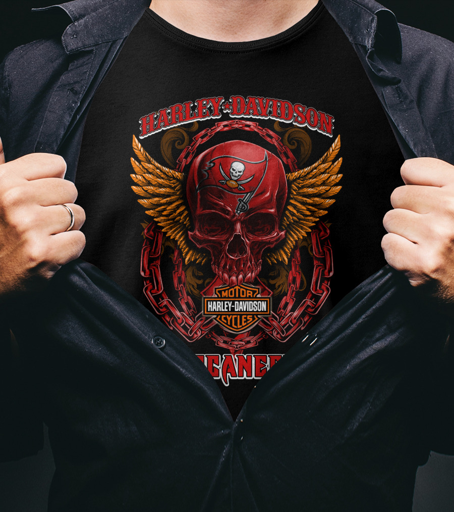 Harley Davidson Motorcycles Buccaneers Skull Logo Wings Chains T-Shirt