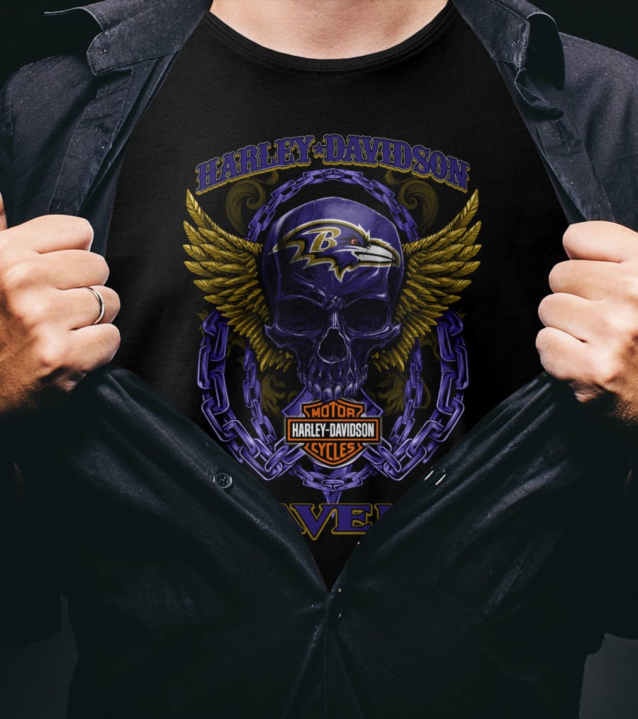 Harley Davidson Baltimore Ravens Skull Wing Motor Cycles T-Shirt