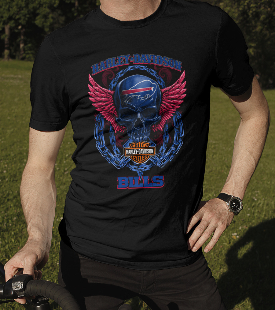 Harley Davidson Buffalo Bills Motor Cycles Skull Wings T-Shirt