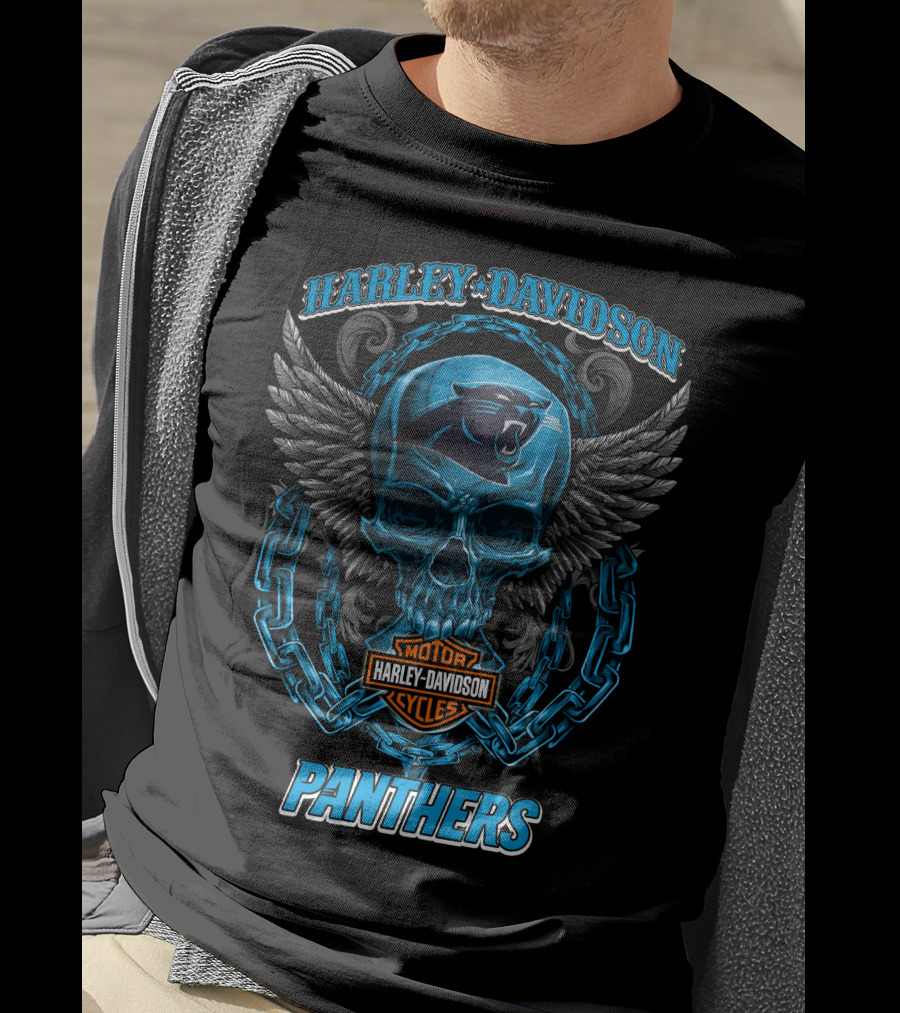 Harley Davidson Carolina Panthers Motorcycles Skull And Wings T-Shirt