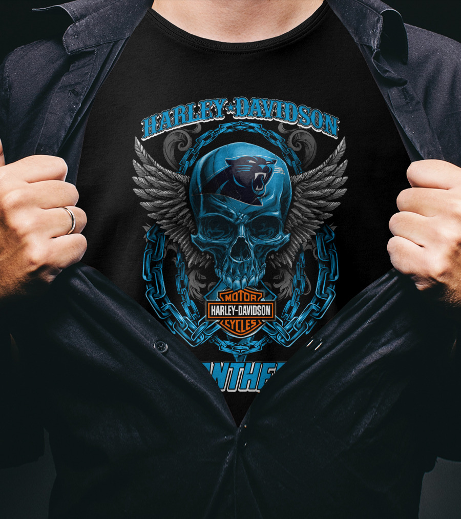 Harley Davidson Carolina Panthers Motorcycles Skull And Wings T-Shirt