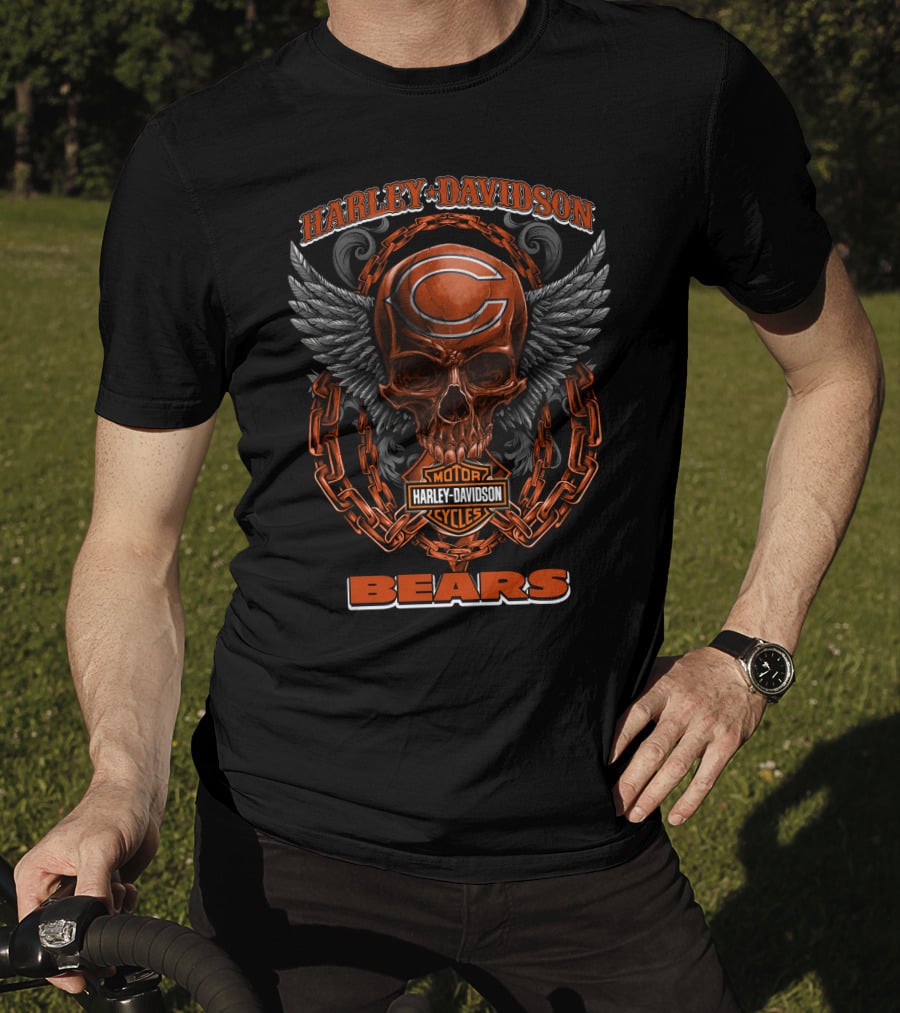 Harley Davidson Chicago Bears Skull With Chains And Wings T-Shirt
