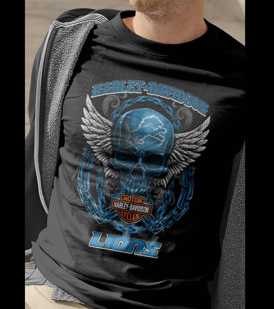 Harley Davidson Motor Cycles Detroit Lions Skull And Wings T-Shirt