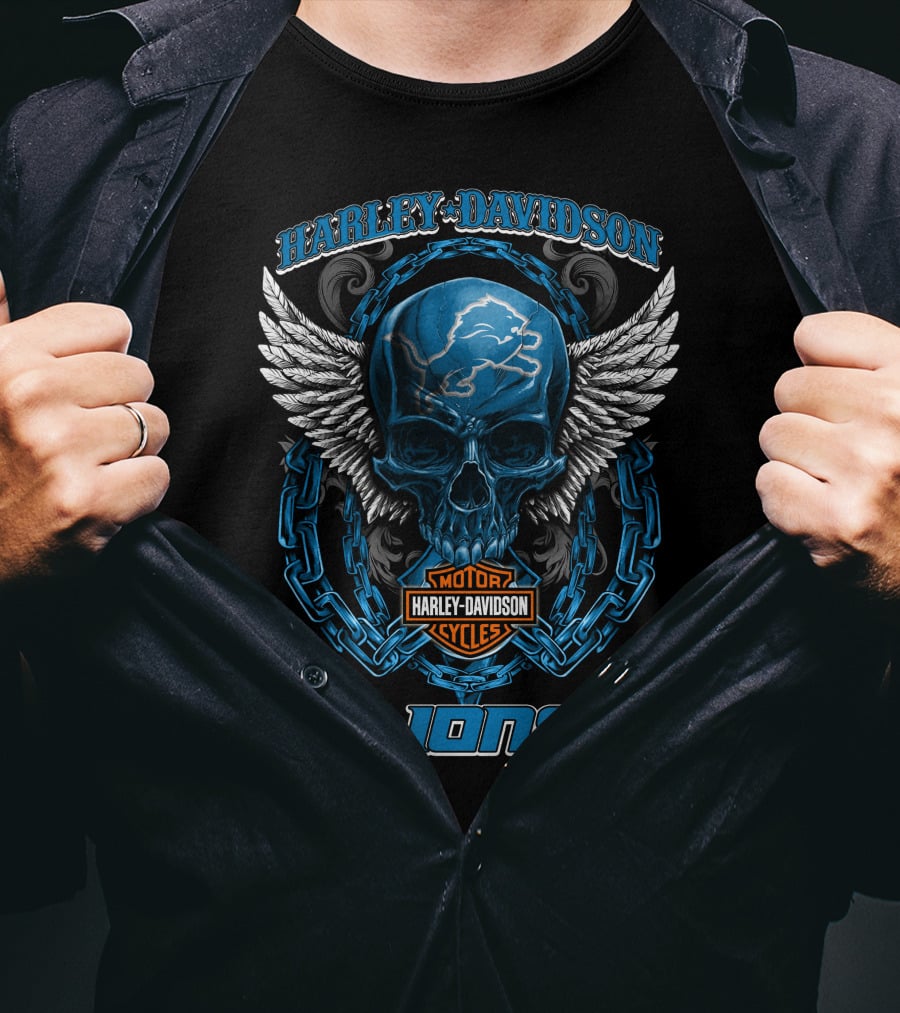 Harley Davidson Motor Cycles Detroit Lions Skull And Wings T-Shirt