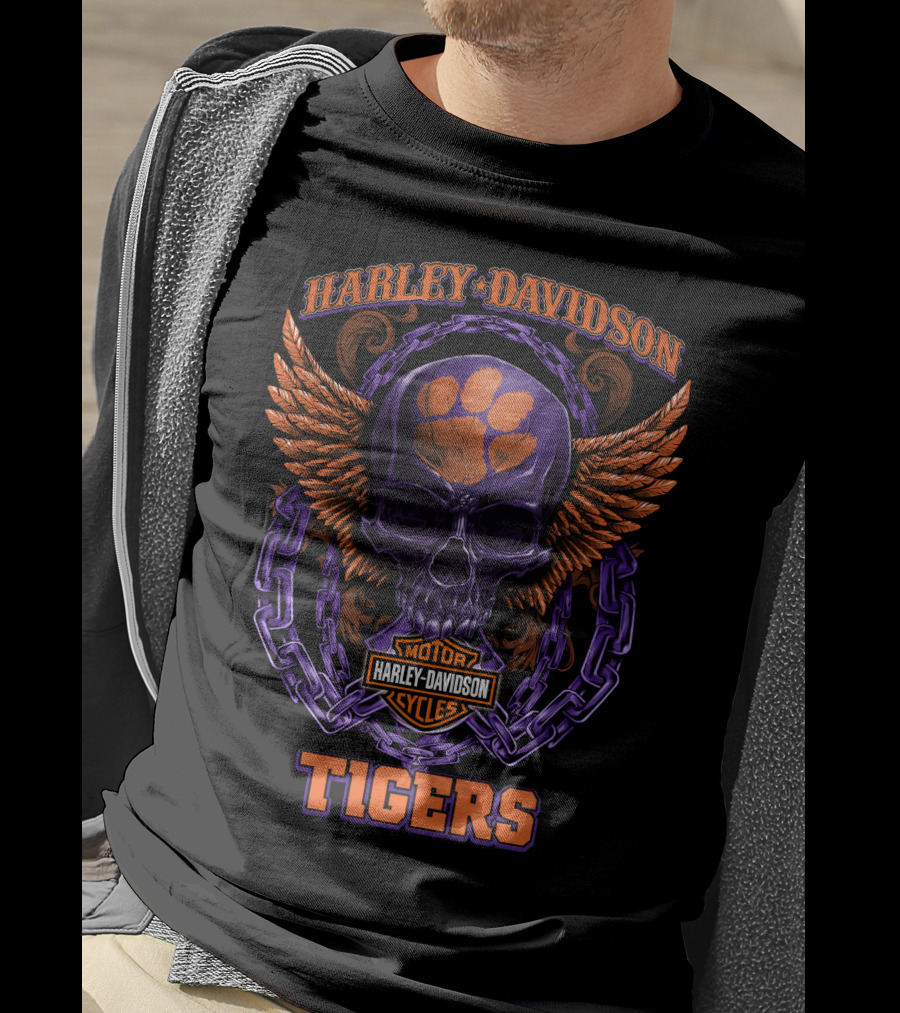 Harley Davidson Tigers Skull With Clemson Paw Logo And Wings T-Shirt