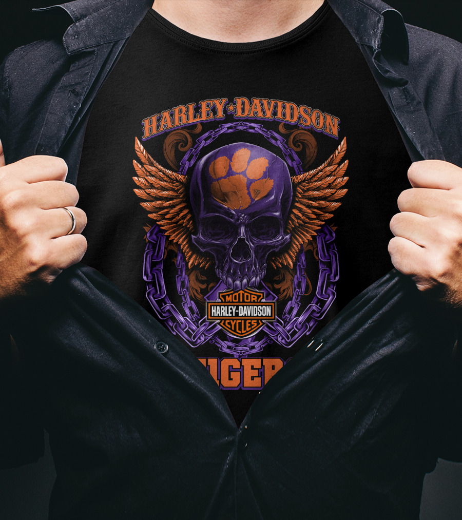 Harley Davidson Tigers Skull With Clemson Paw Logo And Wings T-Shirt