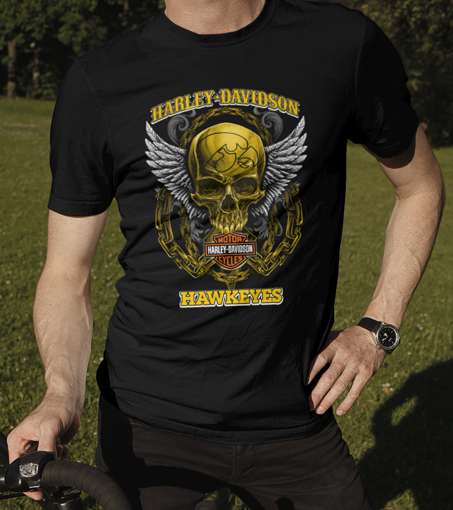 Harley Davidson Motor Cycles Skull Hawkeyes Iowa T-Shirt