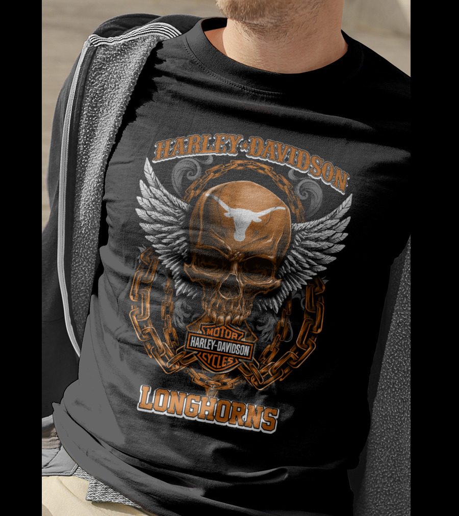 Harley Davidson Longhorns Motorcycles Skull And Wings T-Shirt