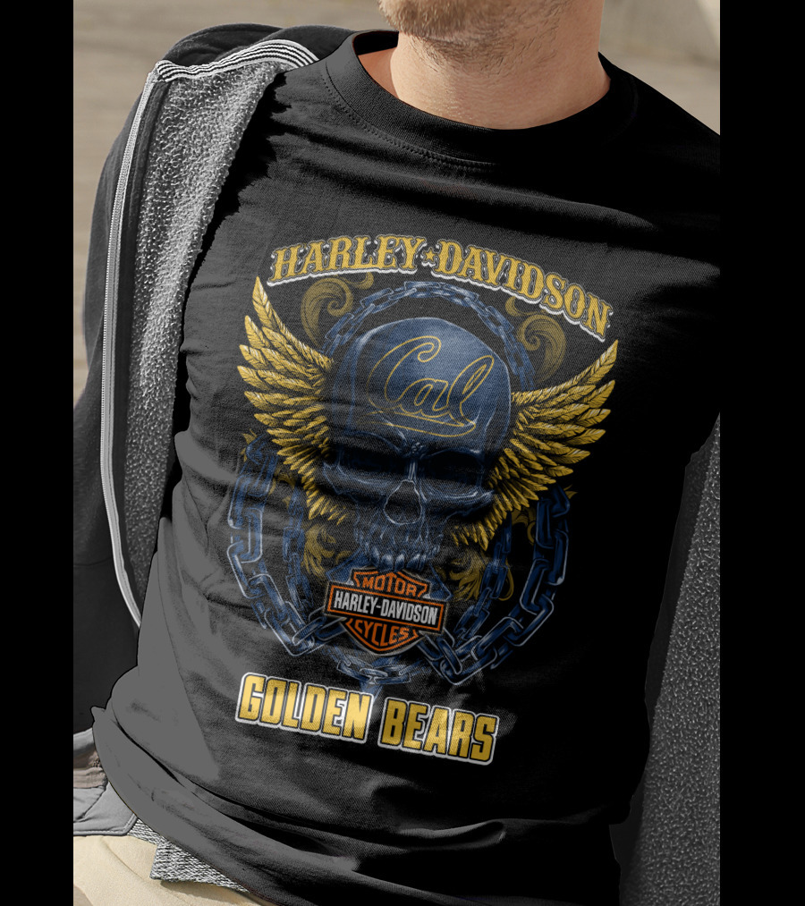 Harley Davidson Cal Golden Bears Skull With Wings And Chains T-Shirt