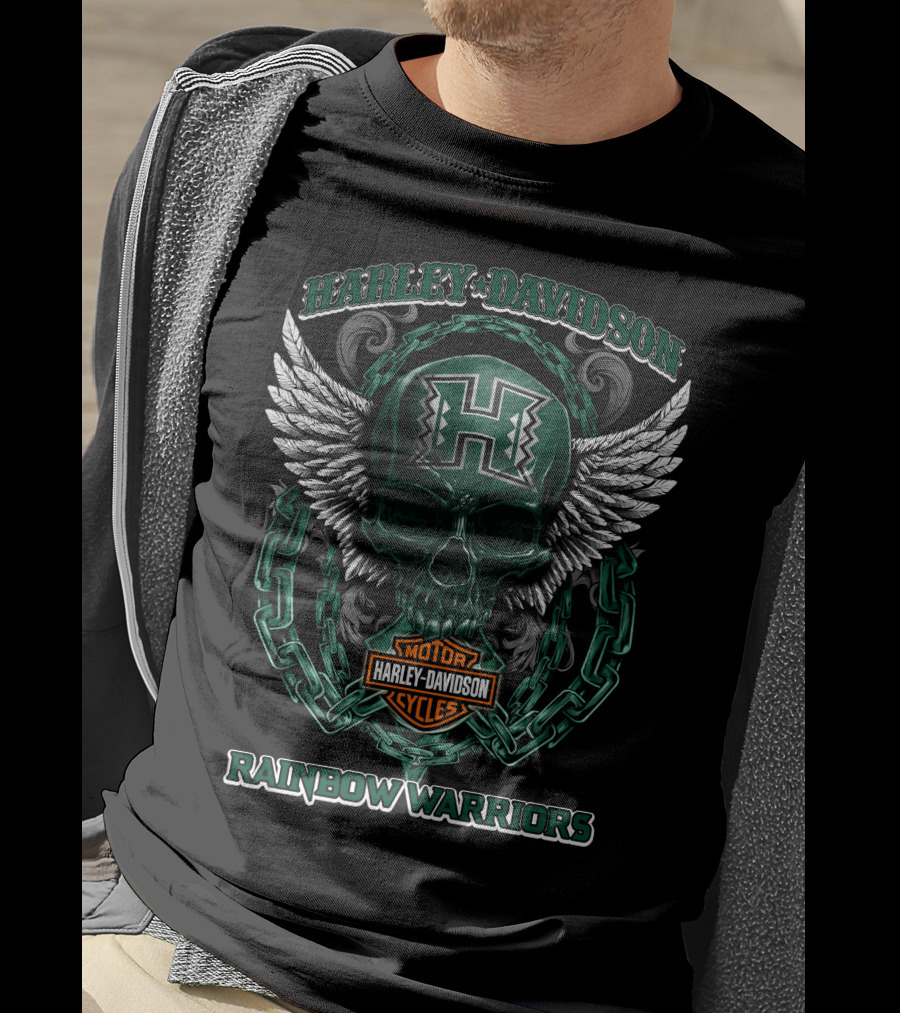 Harley Davidson Motor Cycles Hawaii Rainbow Warriors Skull Wings Chain T-Shirt