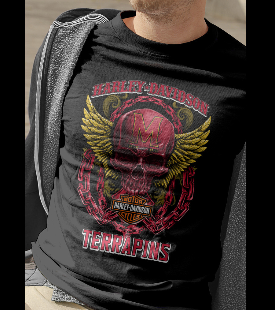 Harley Davidson Motorcycles Maryland Terrapins Skull Wings Chains T-Shirt