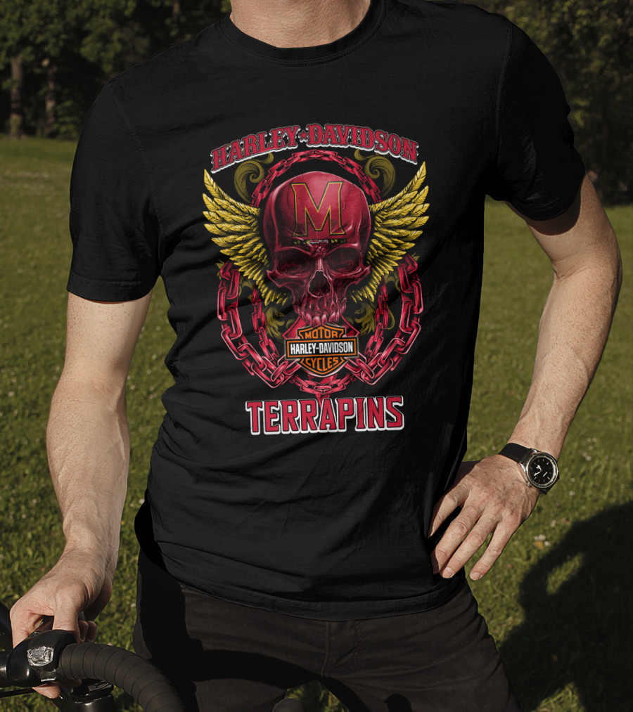 Harley Davidson Motorcycles Maryland Terrapins Skull Wings Chains T-Shirt