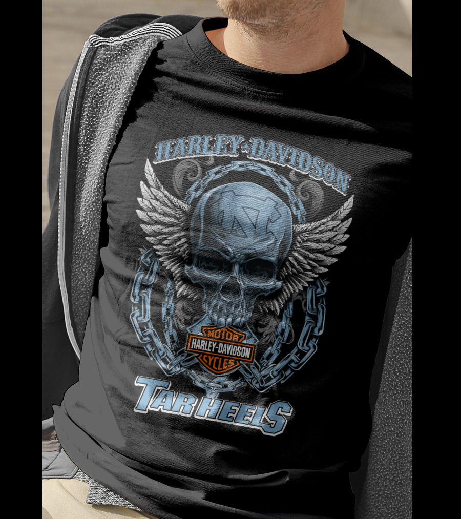 Harley Davidson North Carolina Tar Heels Motor Cycles Skull Wings T-Shirt