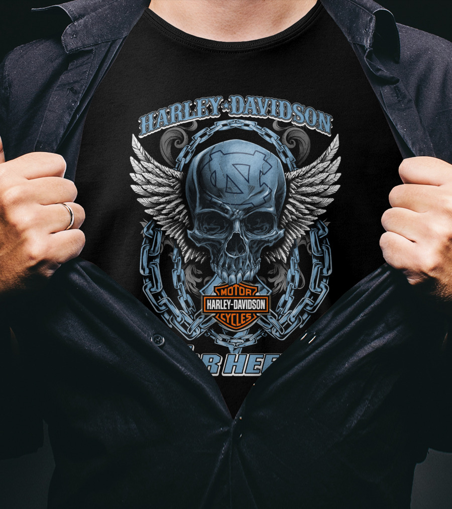 Harley Davidson North Carolina Tar Heels Motor Cycles Skull Wings T-Shirt